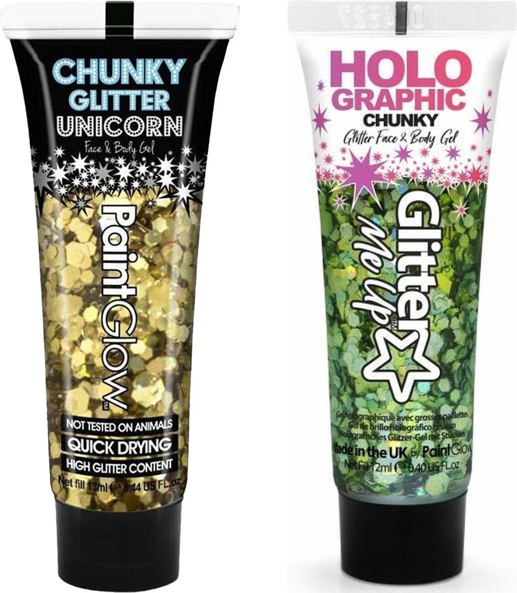 Paintglow Chunky Glittergel voor lichaam en gezicht - 2 tubes - goud en groen - 12 ml