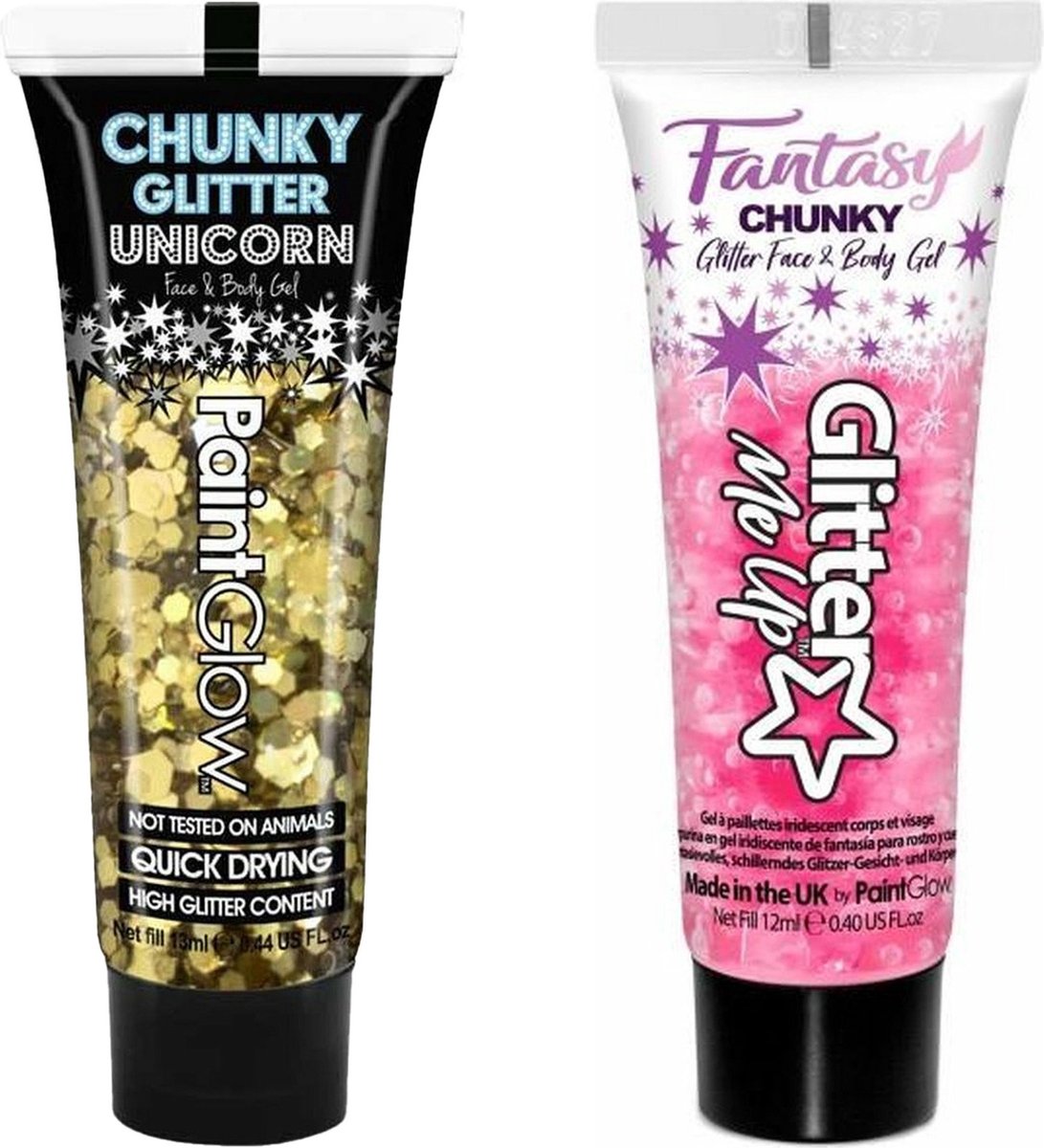 Toppers in Concert 2025 - Paintglow Chunky Glittergel voor lichaam en gezicht - 2 tubes - goud en lichtroze - 12 ml
