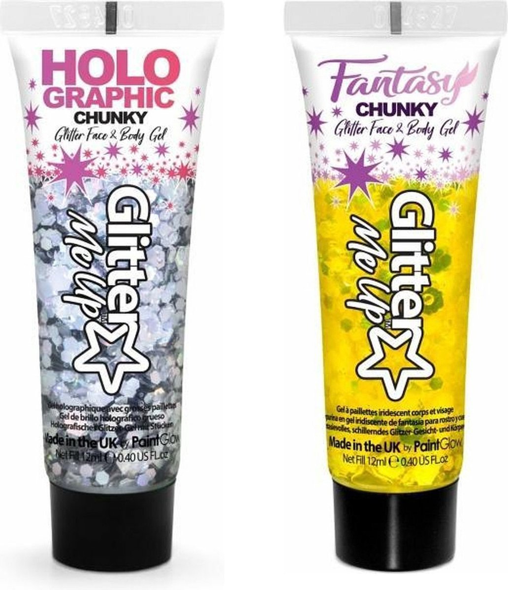 Toppers in Concert 2025 - Paintglow Chunky Glittergel voor lichaam en gezicht - 2 tubes - zilver en goudgeel - 12 ml