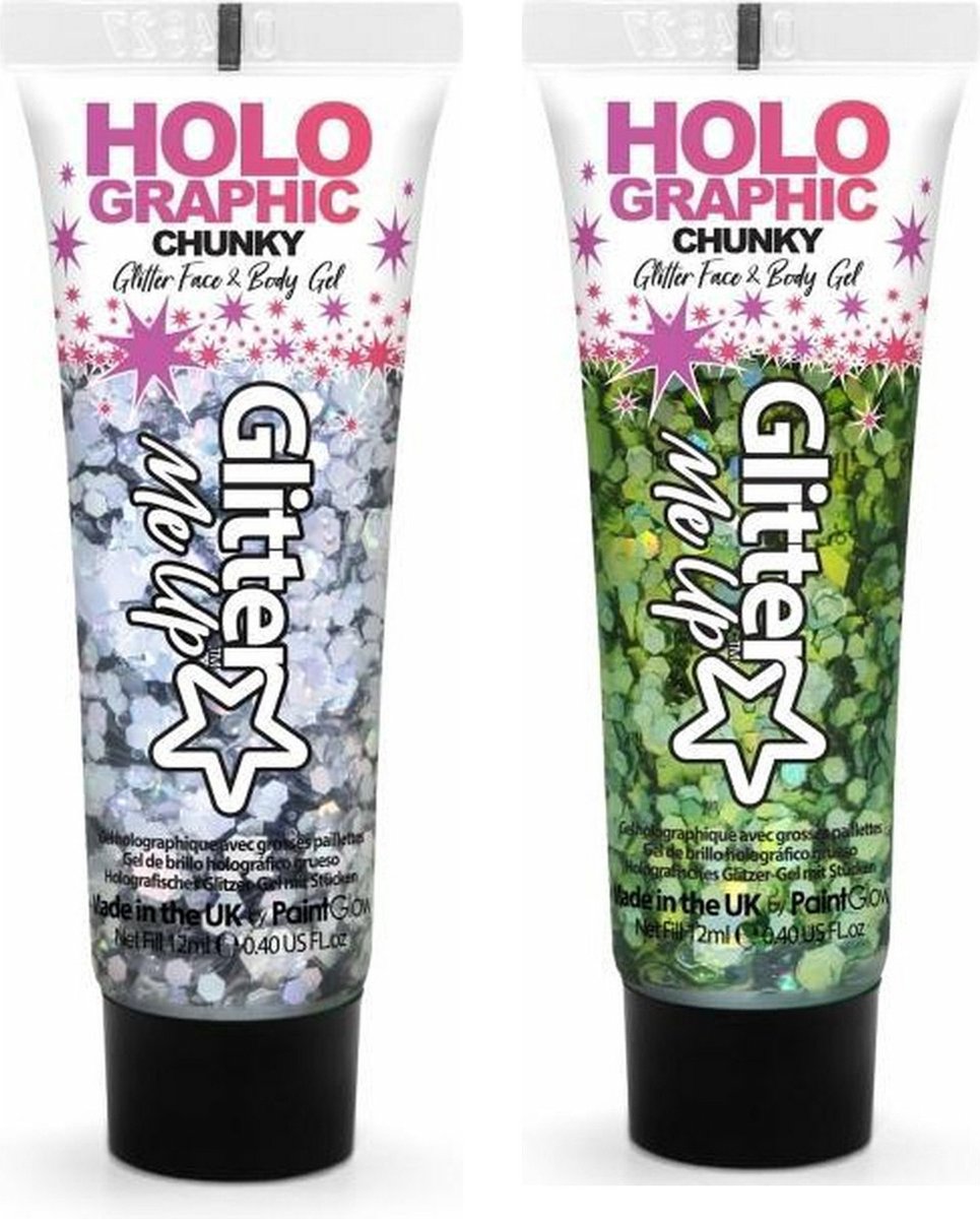 Toppers in Concert 2025 - Paintglow Chunky Glittergel voor lichaam en gezicht - 2 tubes - zilver en groen - 12 ml