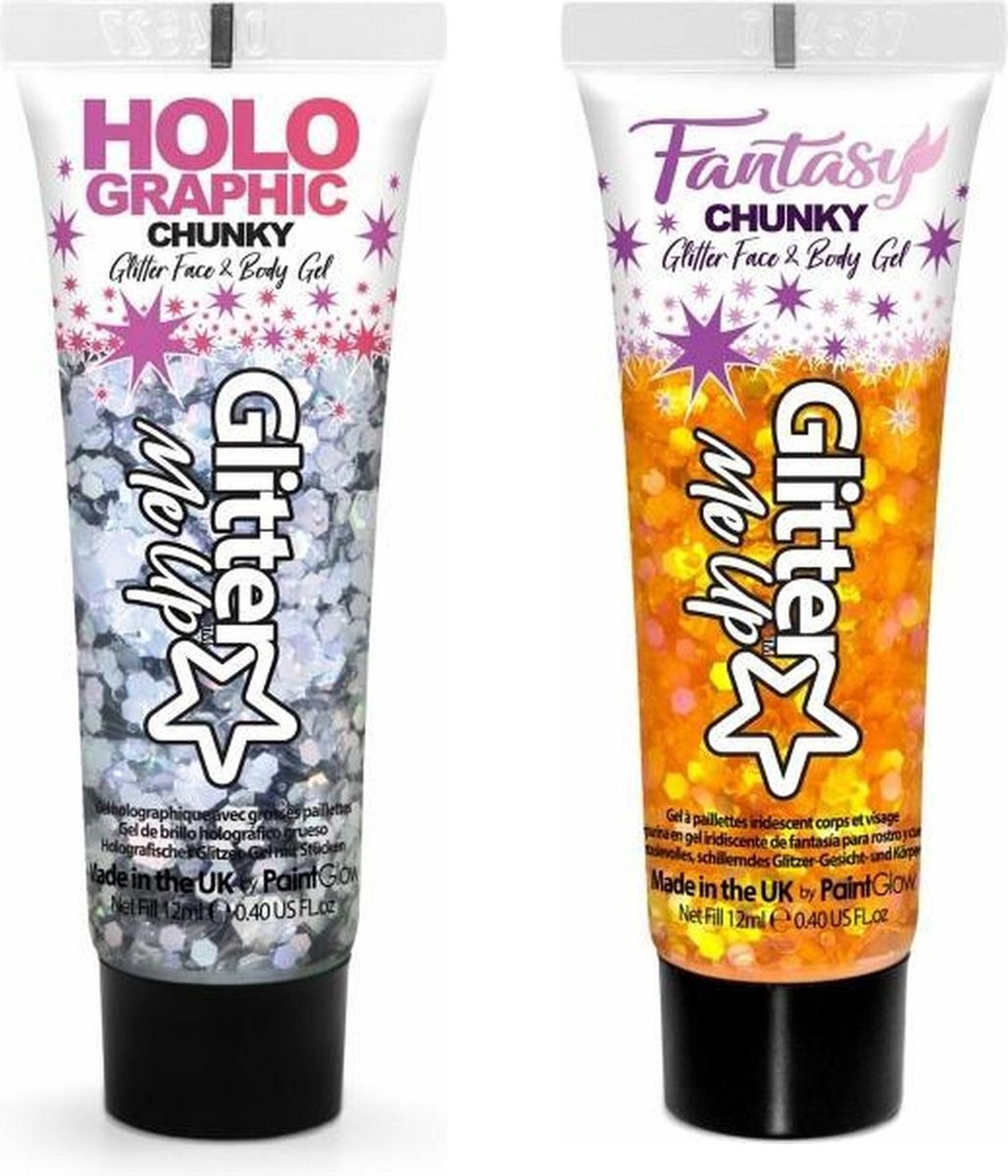 Toppers in Concert 2025 - Paintglow Chunky Glittergel voor lichaam en gezicht - 2 tubes - zilver en oranje - 12 ml