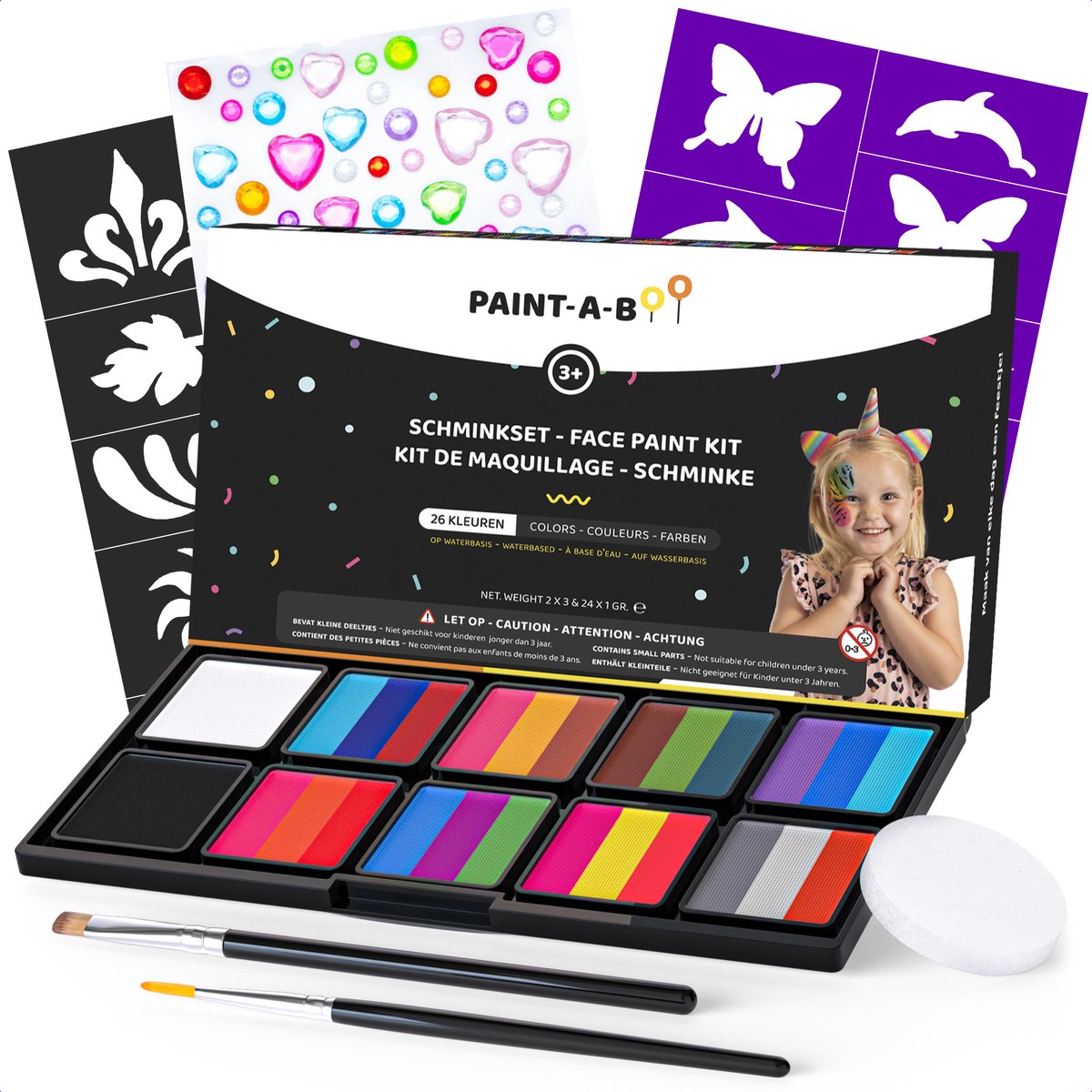 Paintaboo Schmink op Waterbasis - Schminkset Kinderen - Penselen, Sponsje, Sjablonen en Glitters - 26 Kleuren - Halloween