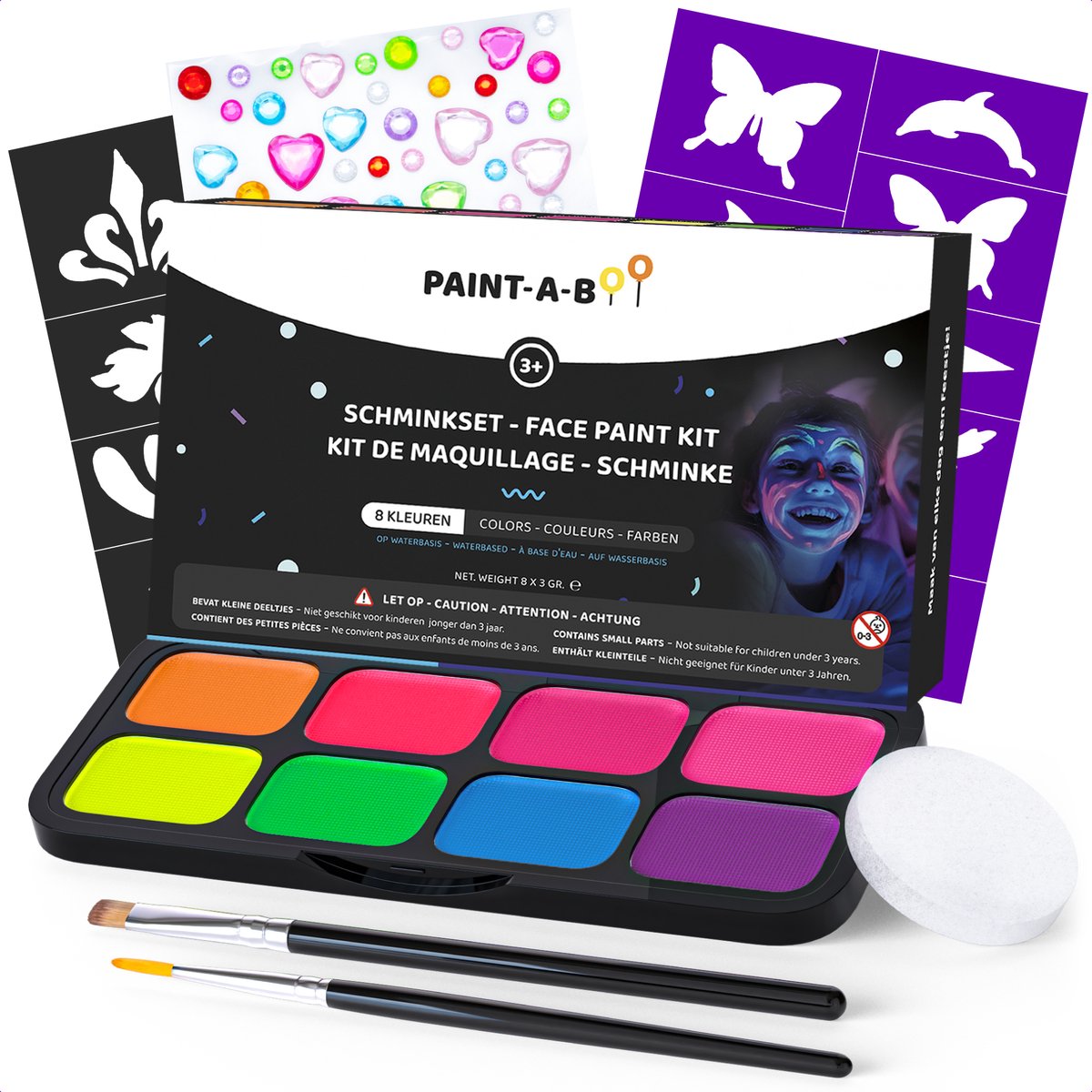 Paintaboo Schminkset Glow in the Dark – Met 30 Voorbeelden - Voor 24 Gezichten – Incl. Penselen Spons en Sjablonen – Schmink voor Kinderen op Waterbasis – 8 Kleuren - Halloween