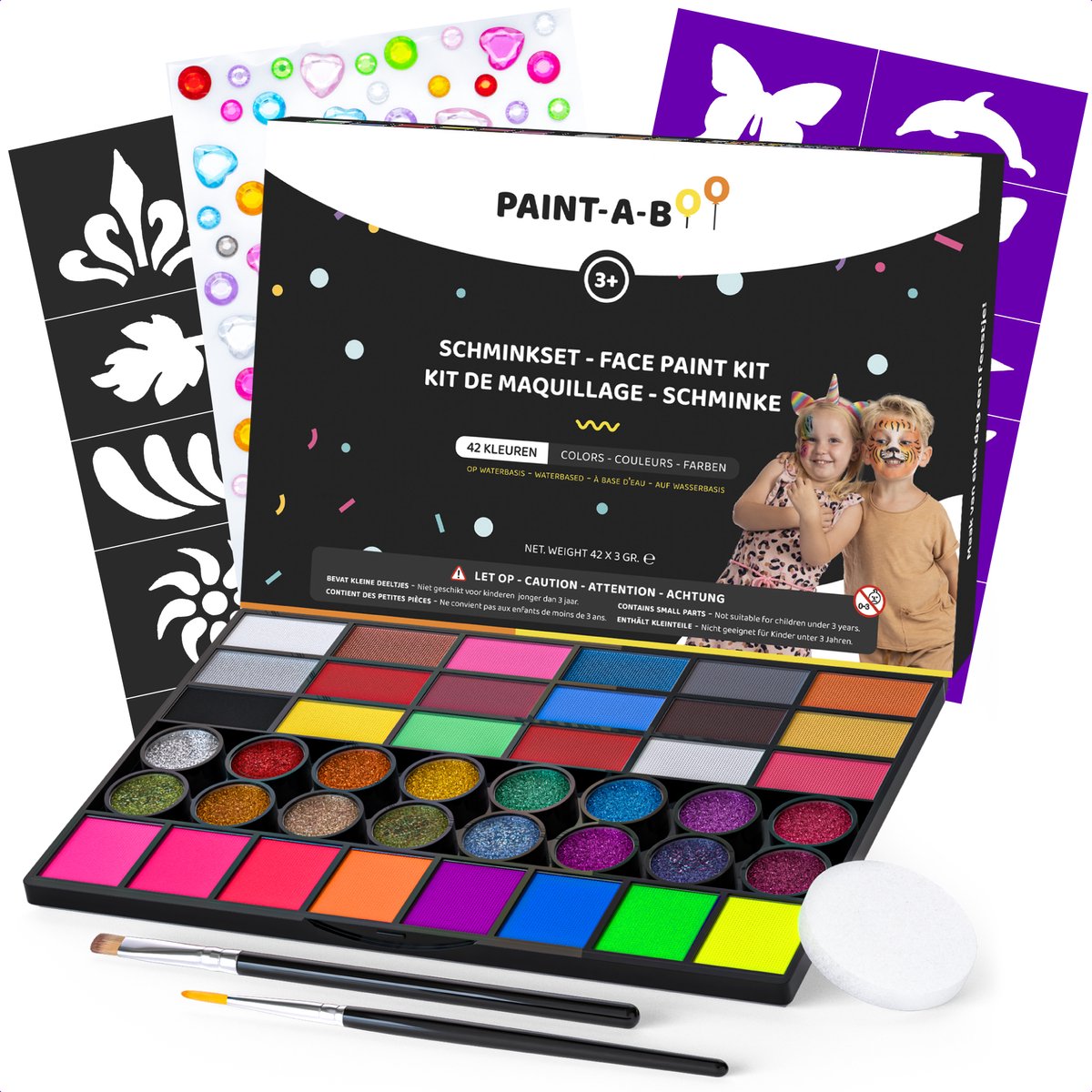 Paintaboo Schminkset Kinderen op Waterbasis – Met 30 Voorbeelden - Schmink Voor 100 Gezichten – Incl. Sjablonen Glitters Penselen en Spons – 42 Kleuren - Halloween
