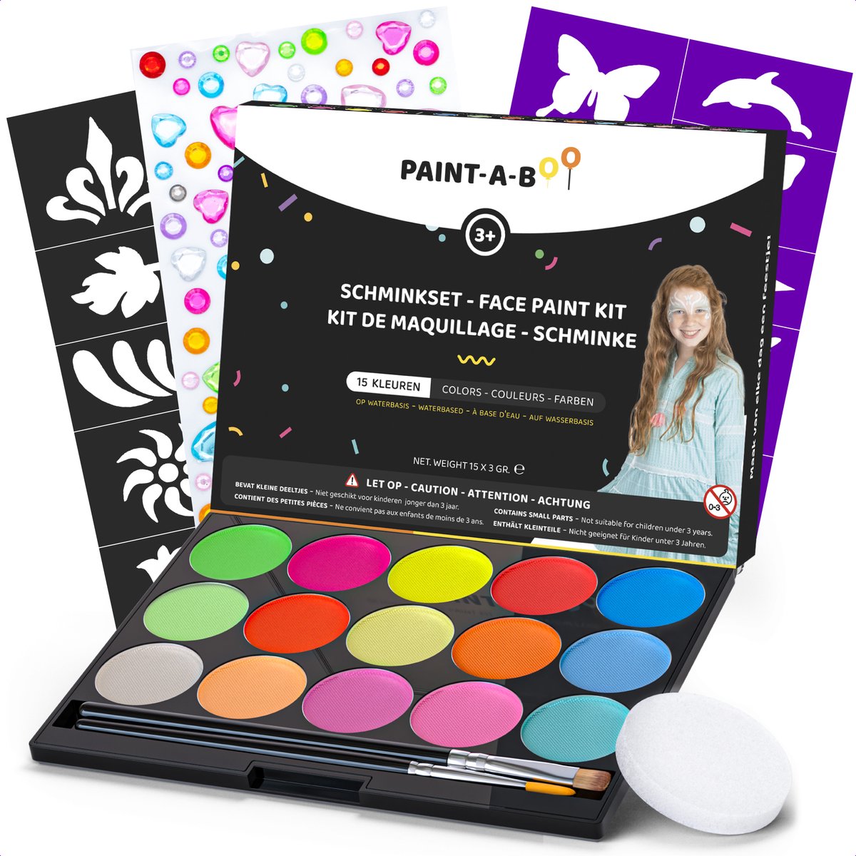 Paintaboo Schminkset Kinderen op Waterbasis – Met 30 Voorbeelden - Schmink Voor 45 Gezichten – Incl. Sjablonen Glitters Penselen en Spons – 15 Kleuren - Sinterklaas