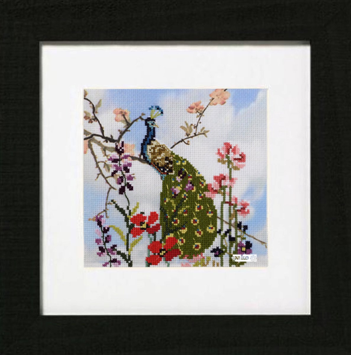 Pako Borduurpakket - telpatroon met codekaart - Pauw met bloemen - 280.030 - voorgesorteerd geren - Aida 5.5 gedeeltelijk geprint - 17 x 17 cm - DIY kit