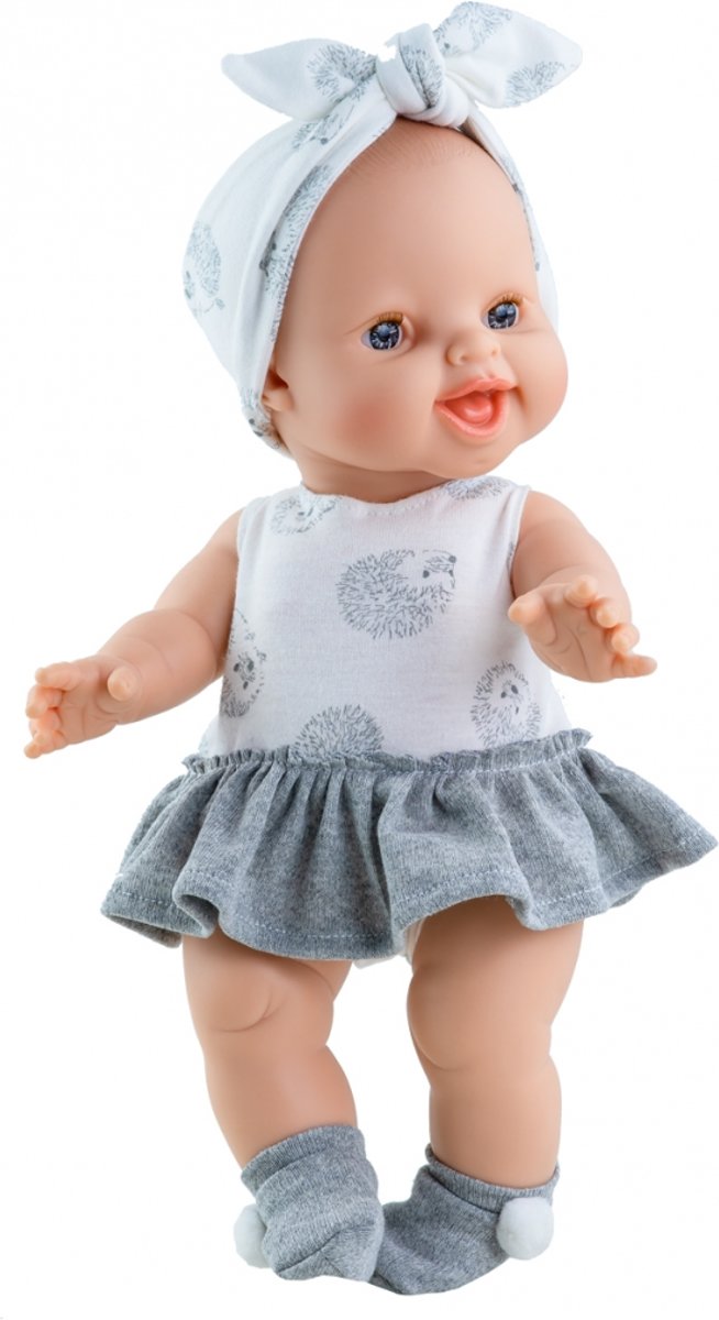 Gordi babypop meisje blank met wit/grijs jurkje egeltjes