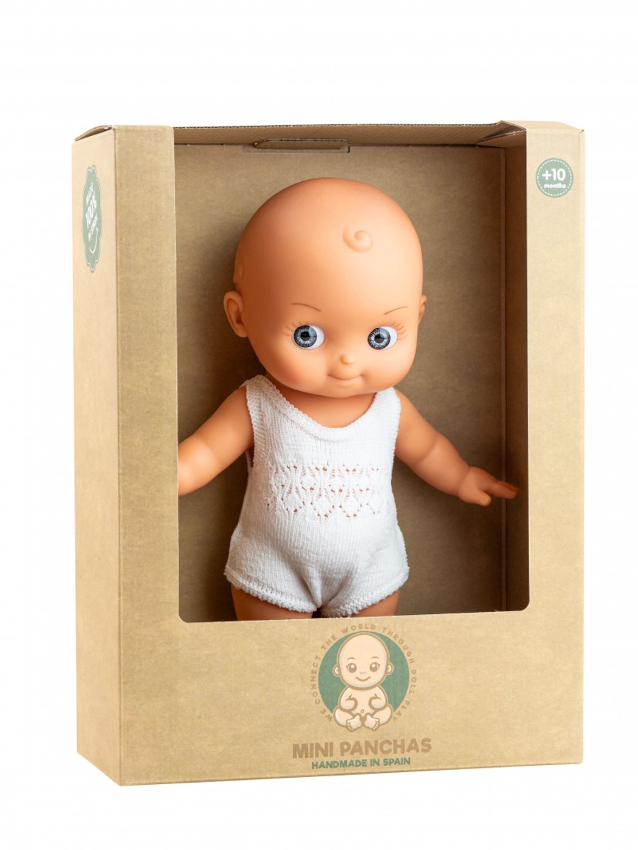Paola Reina Mini Pancha babypop met witte romper en grijze ogen 28cm