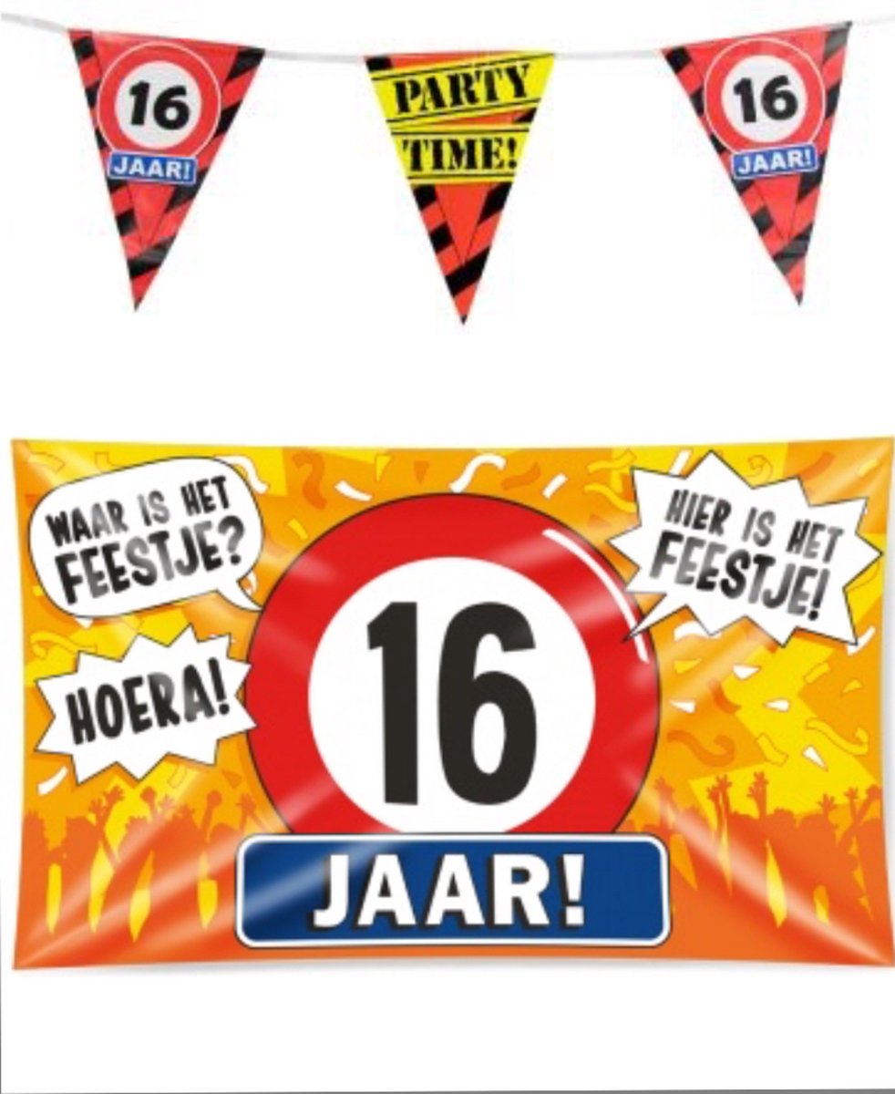 16 jaar verjaardag versiering pakket – vlag – gevelvlag – paperdreams