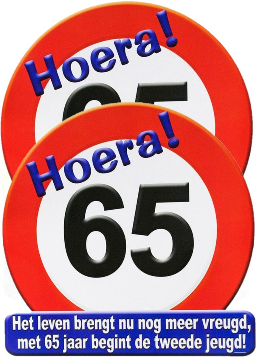 65 jaar verjaardag stopbord - 2x stuks - Dia 50 cm - Leeftijd feestartikelen - verkeersbord - Karton - Huldebord - Deurbord