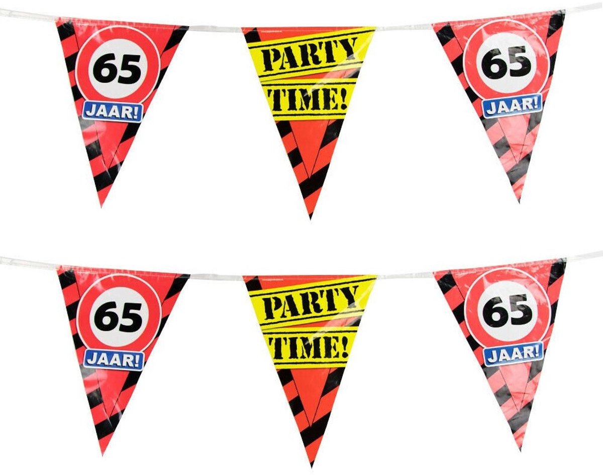 65 jaar vlaggenlijn met waarschuwingsborden - 2x - 10m - plastic - slinger - feestartikelen/versiering