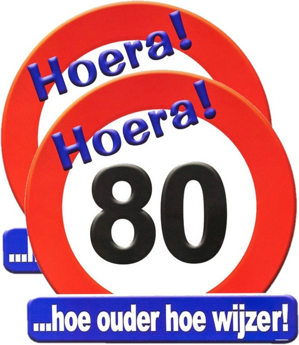 80 jaar verjaardag stopbord - 2x stuks - Dia 50 cm - Leeftijd feestartikelen - verkeersbord - Karton - Huldebord - Deurbord