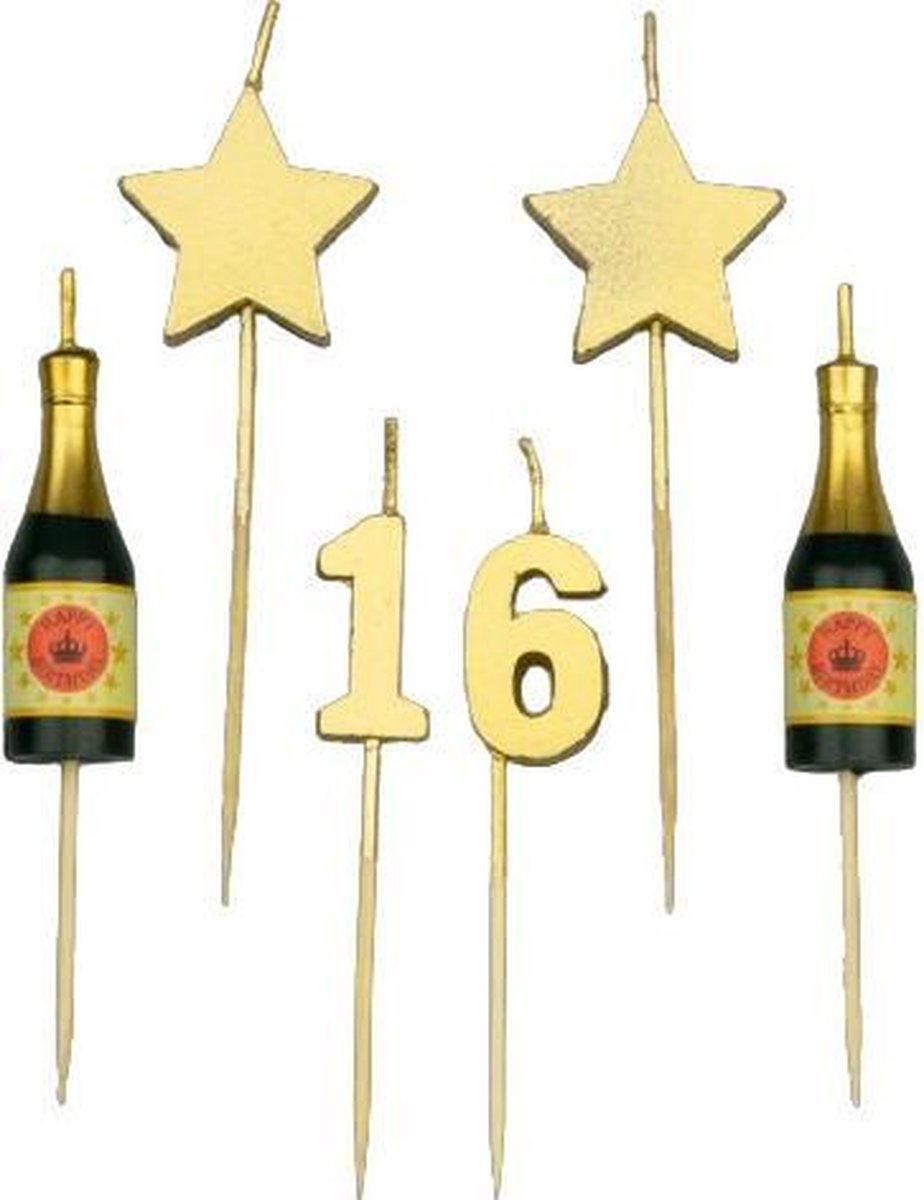 Paper Dreams Taartkaarsjes 16 Jaar Wax/hout Goud 6 Stuks