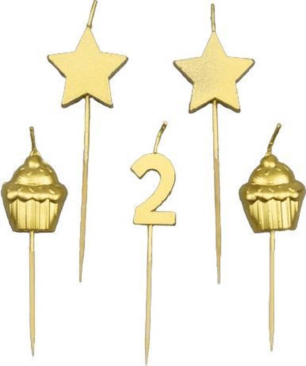 Paper Dreams Taartkaarsjes 2 Jaar Wax/hout Goud 5 Stuks