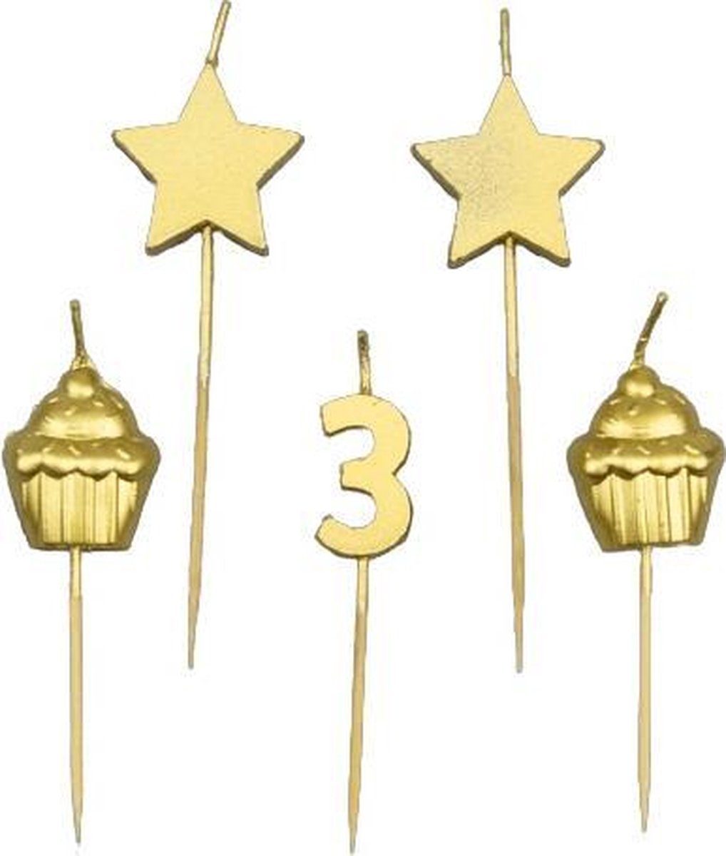 Paper Dreams Taartkaarsjes 3 Jaar Wax/hout Goud 5 Stuks