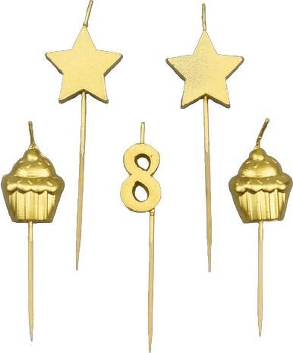Paper Dreams Taartkaarsjes 8 Jaar Wax/hout Goud 5 Stuks