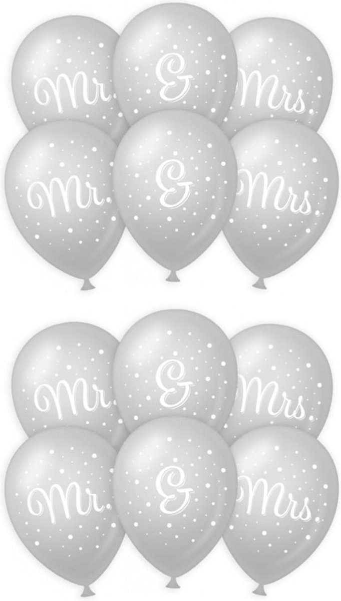 Paperdreams Ballonnen - Mr. & Mrs huwelijks feest - 18x stuks - zilver/wit - 30 cm