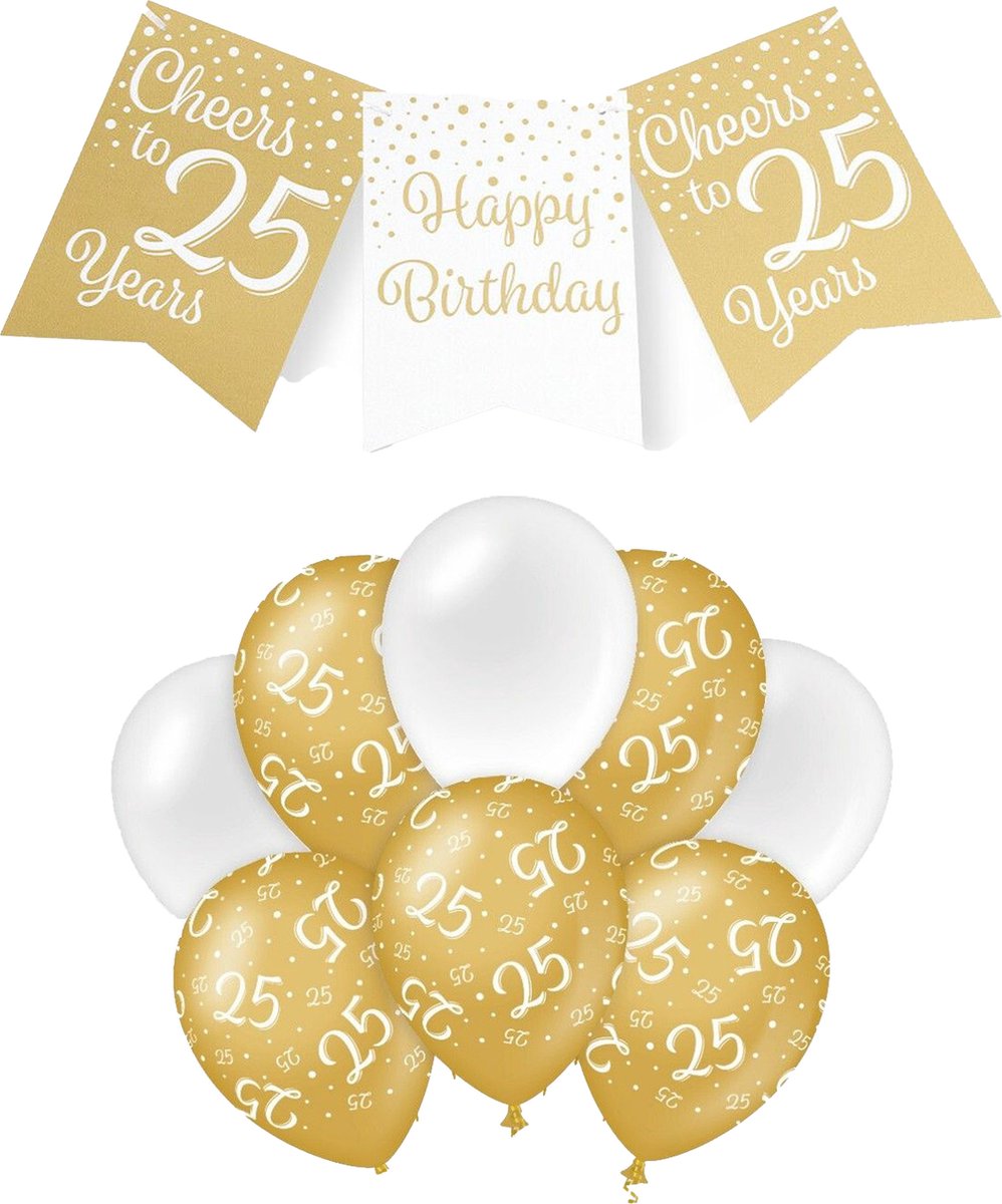 Paperdreams Luxe 25 jaar feestversiering set - Ballonnen & vlaggenlijnen - wit/goud