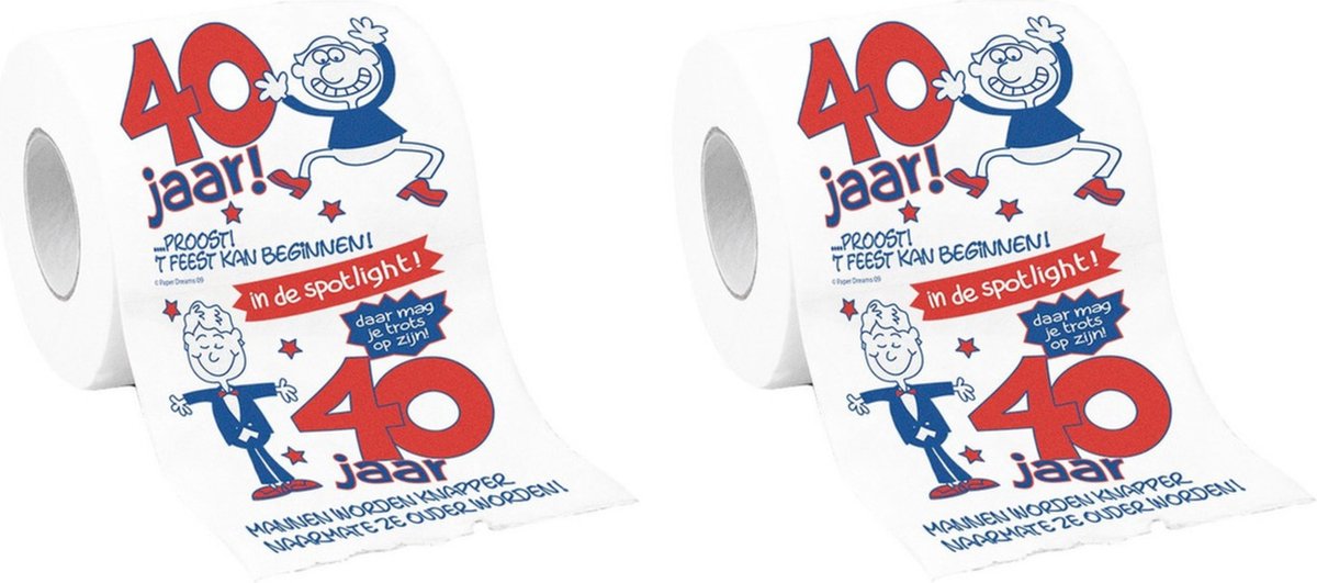 Set van 2x stuks rollen toiletpapier 40 jaar man - 40e verjaardag - verjaardagscadeau feestartikelen/decoratie/versiering