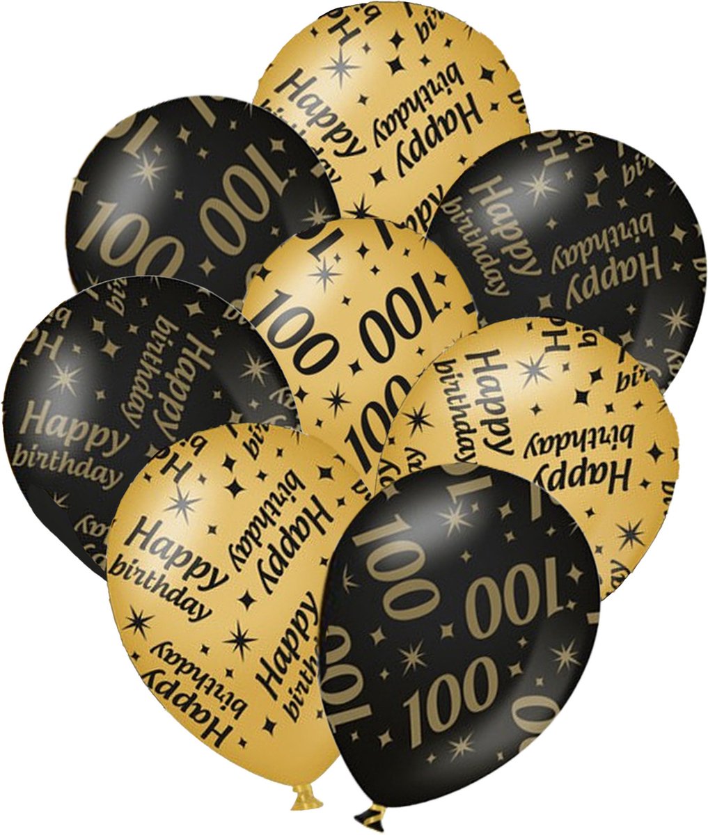 Verjaardag ballonnen - 100 jaar en happy birthday 12x stuks zwart/goud