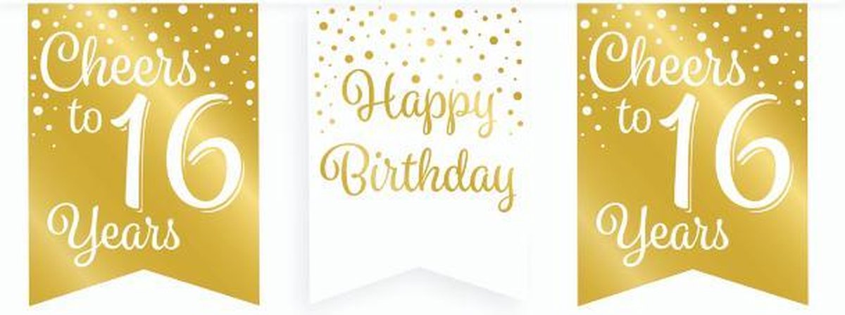 Vlaggetjesslinger - 16 jaar - wit en goud