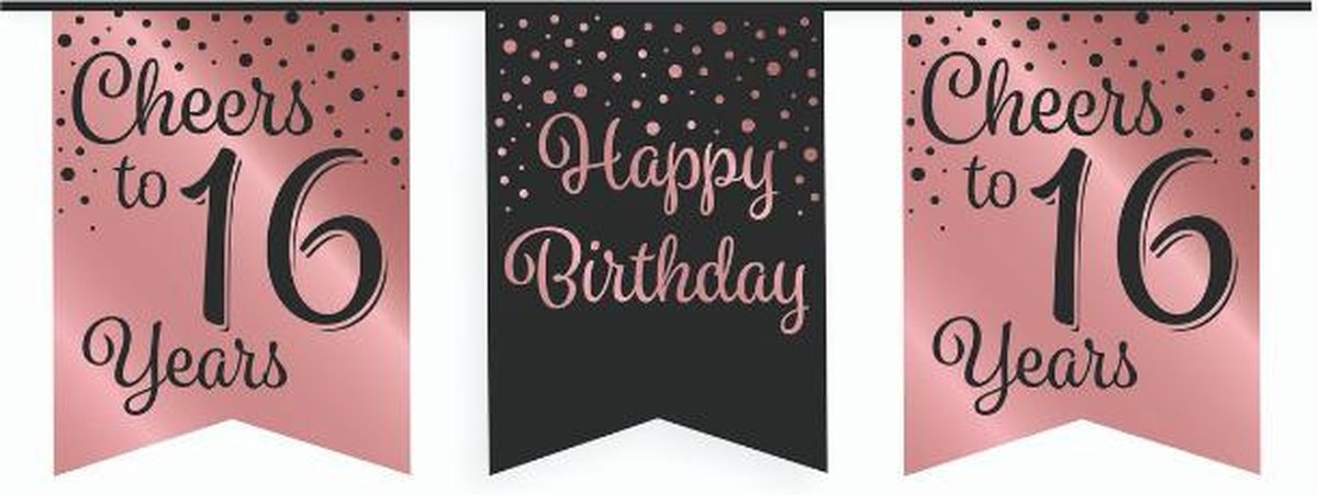 Vlaggetjesslinger - 16 jaar - zwart en rosé goud