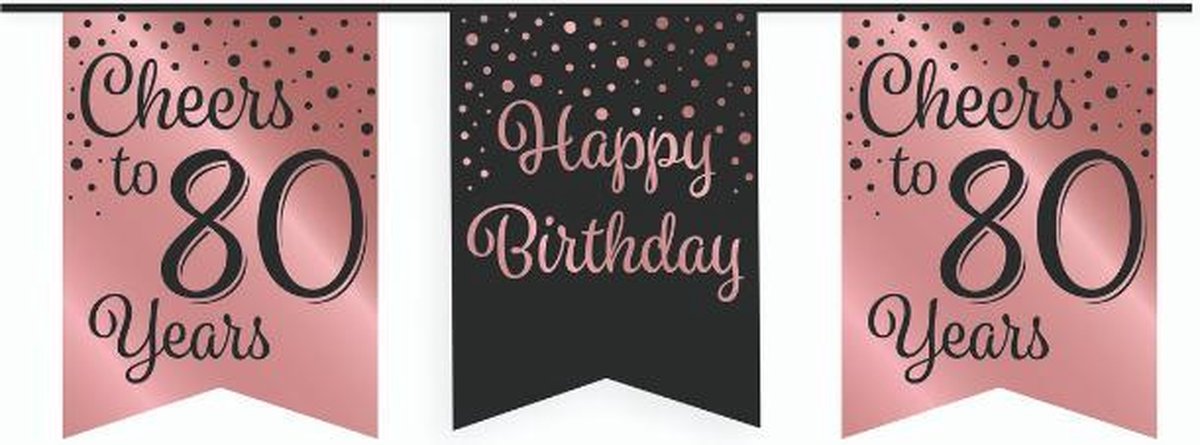 Vlaggetjesslinger - 80 jaar - zwart en rosé goud