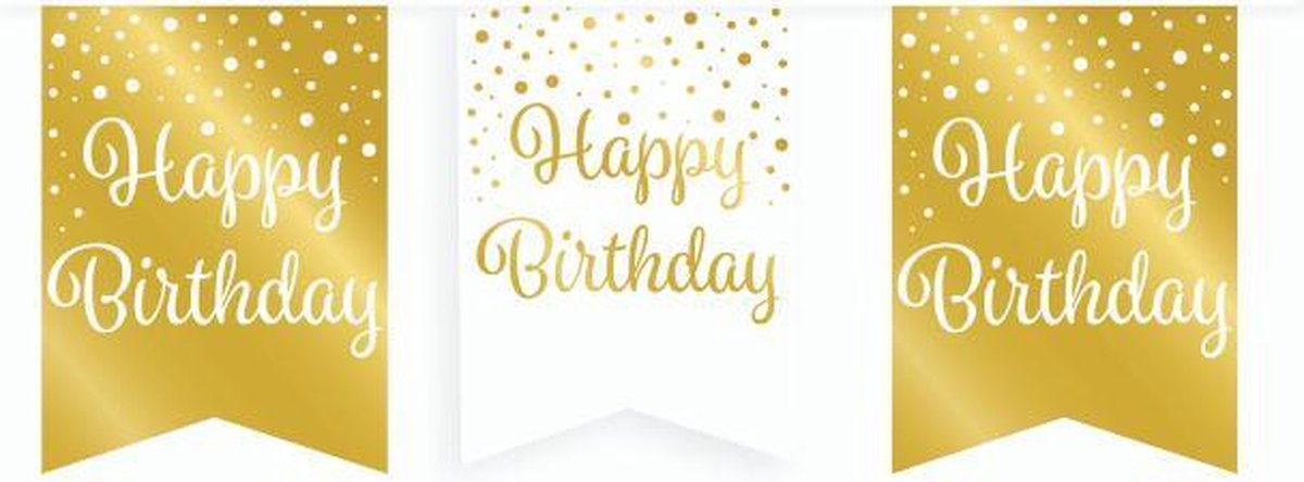 Vlaggetjesslinger - Happy Birthday - wit en goud