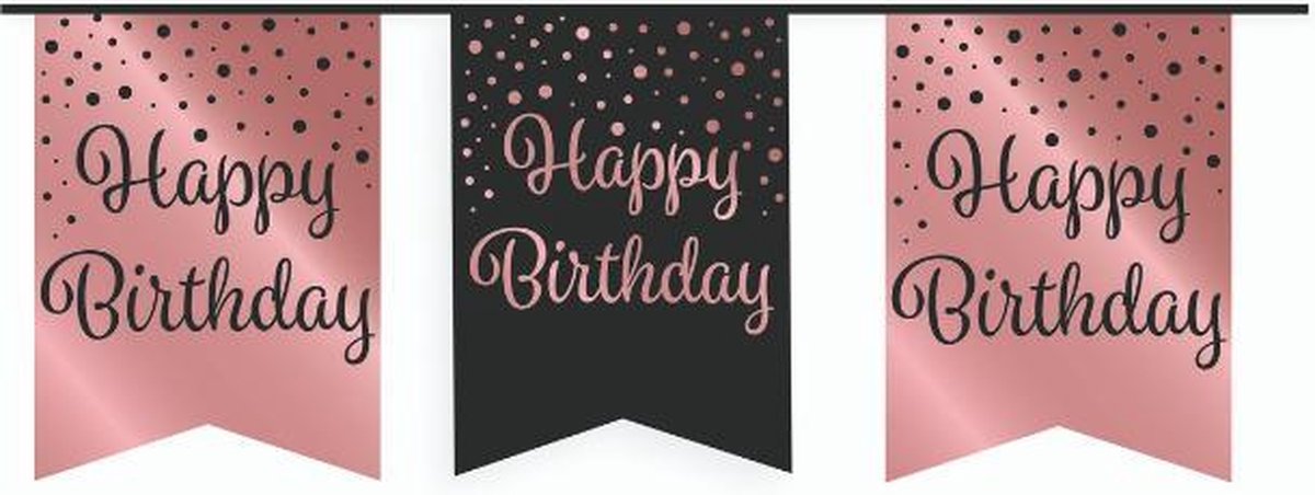 Vlaggetjesslinger - Happy Birthday - zwart en rosé goud