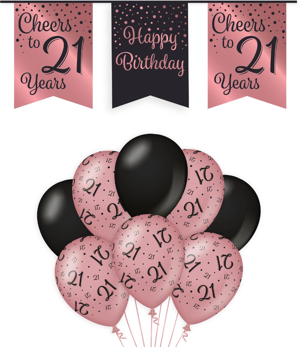 21 Jaar Verjaardag Decoratie Versiering - Feest Versiering - Vlaggenlijn - Ballonnen - Man & Vrouw - Rosé en Zwart