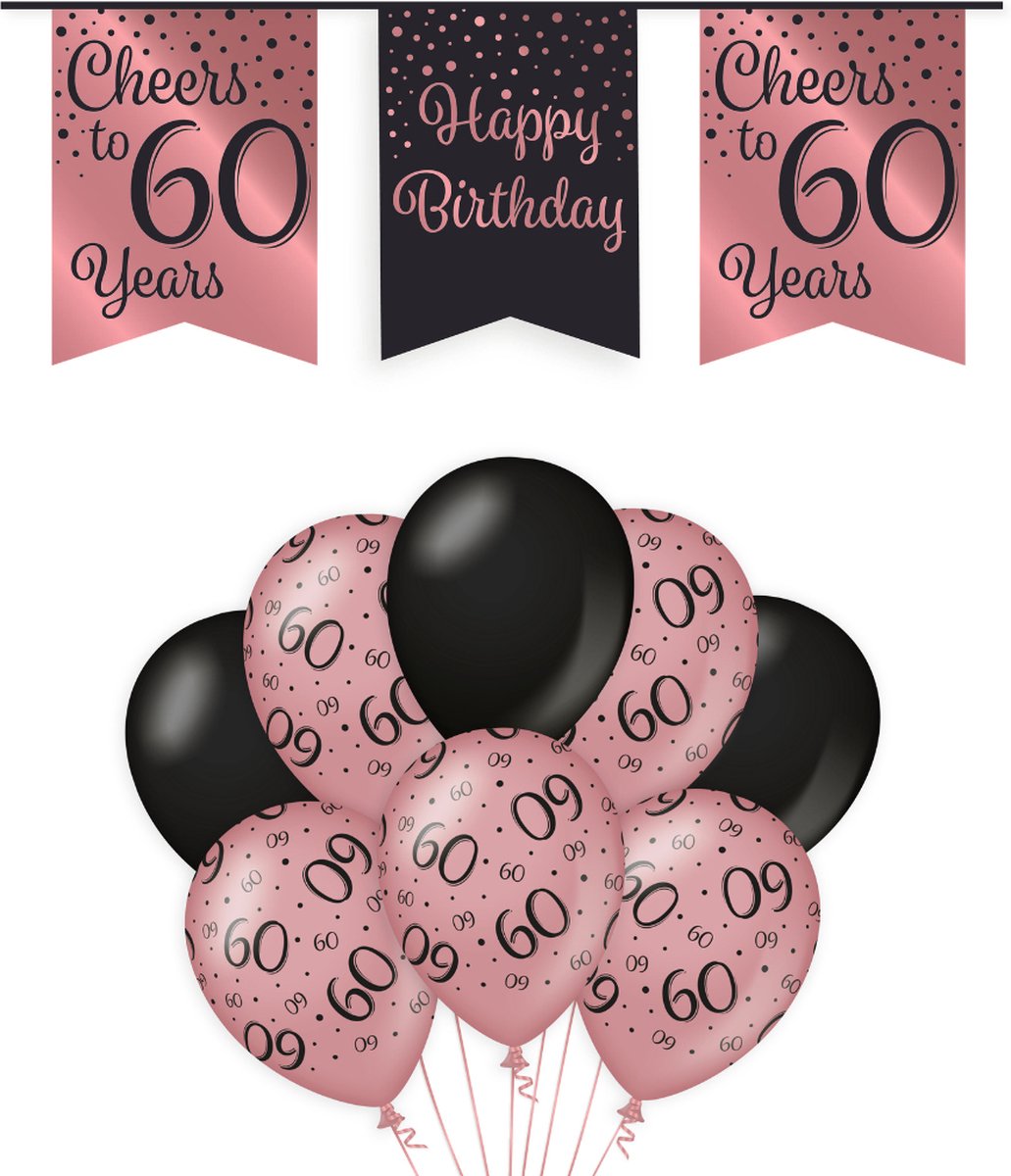 60 Jaar Verjaardag Decoratie Versiering - Feest Versiering - Vlaggenlijn - Ballonnen - Man & Vrouw - Rosé en Zwart