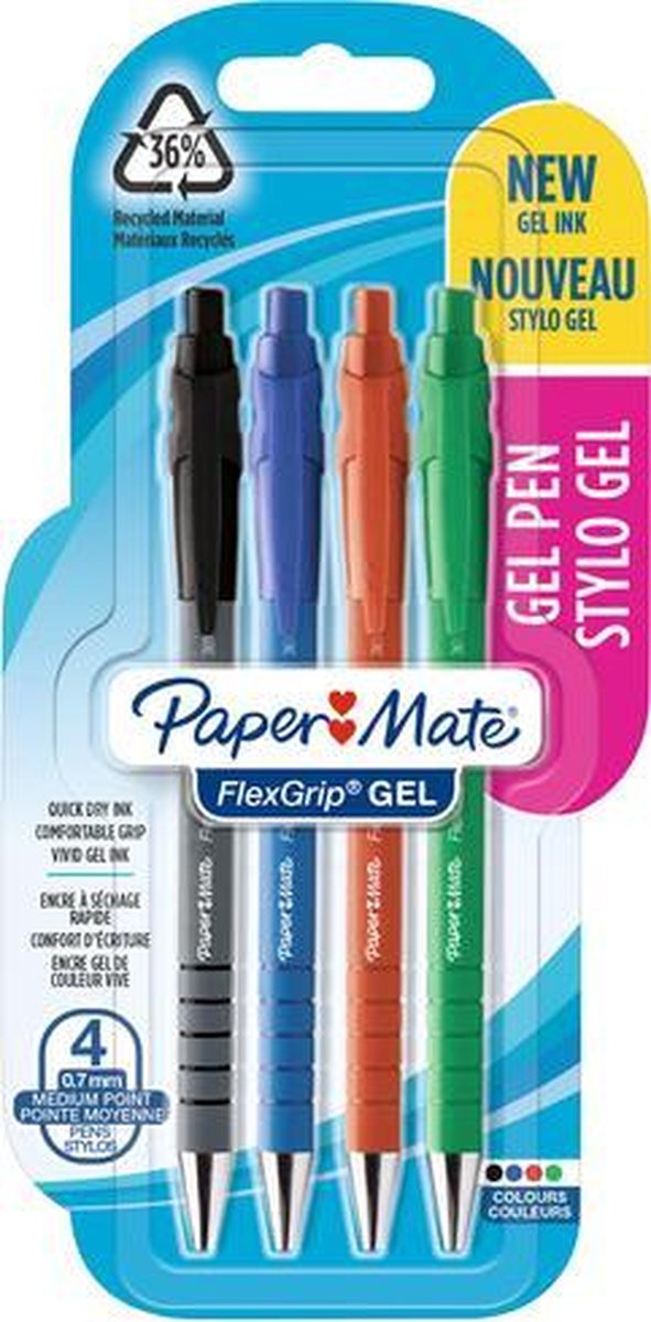 Gelschrijver Paper Mate Flexgrip 0.7mm blister à 4 kleuren