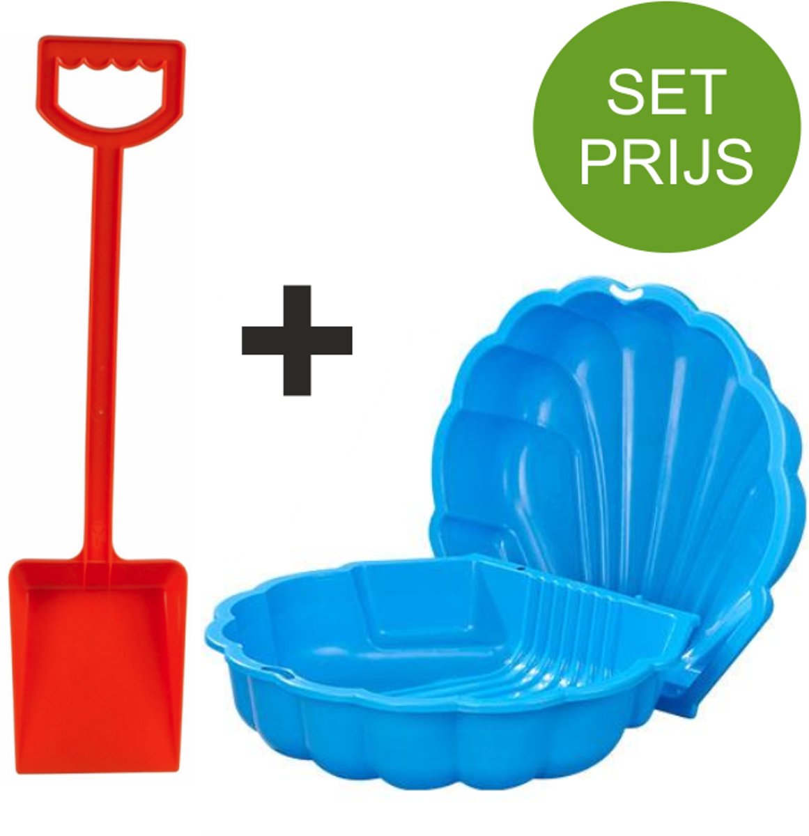 Zandbak schelp en plastic schep 50 cm lang rood