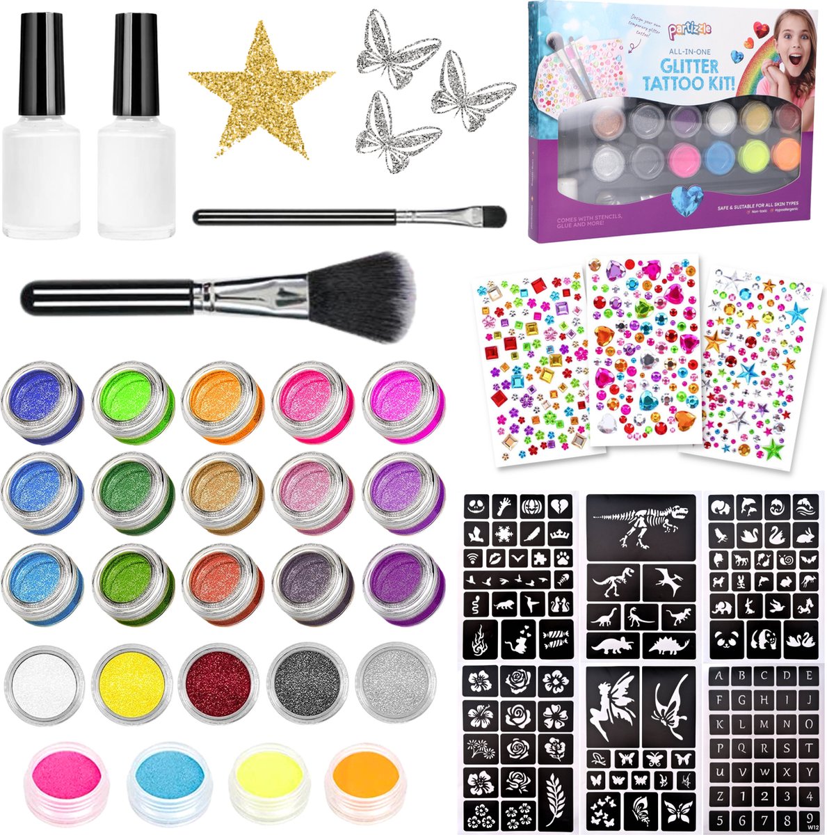 Partizzle Compleet Bio Glitter Tattoo Set - Meisjes / Jongens - Schmink Sjablonen, Lijm en Penselen - Back to School - Gezicht Nep Neon Tattoos Knutselpakket - Festival - Cadeau / Knutselen voor Kinderen - 24 Kleuren / Biodegradable
