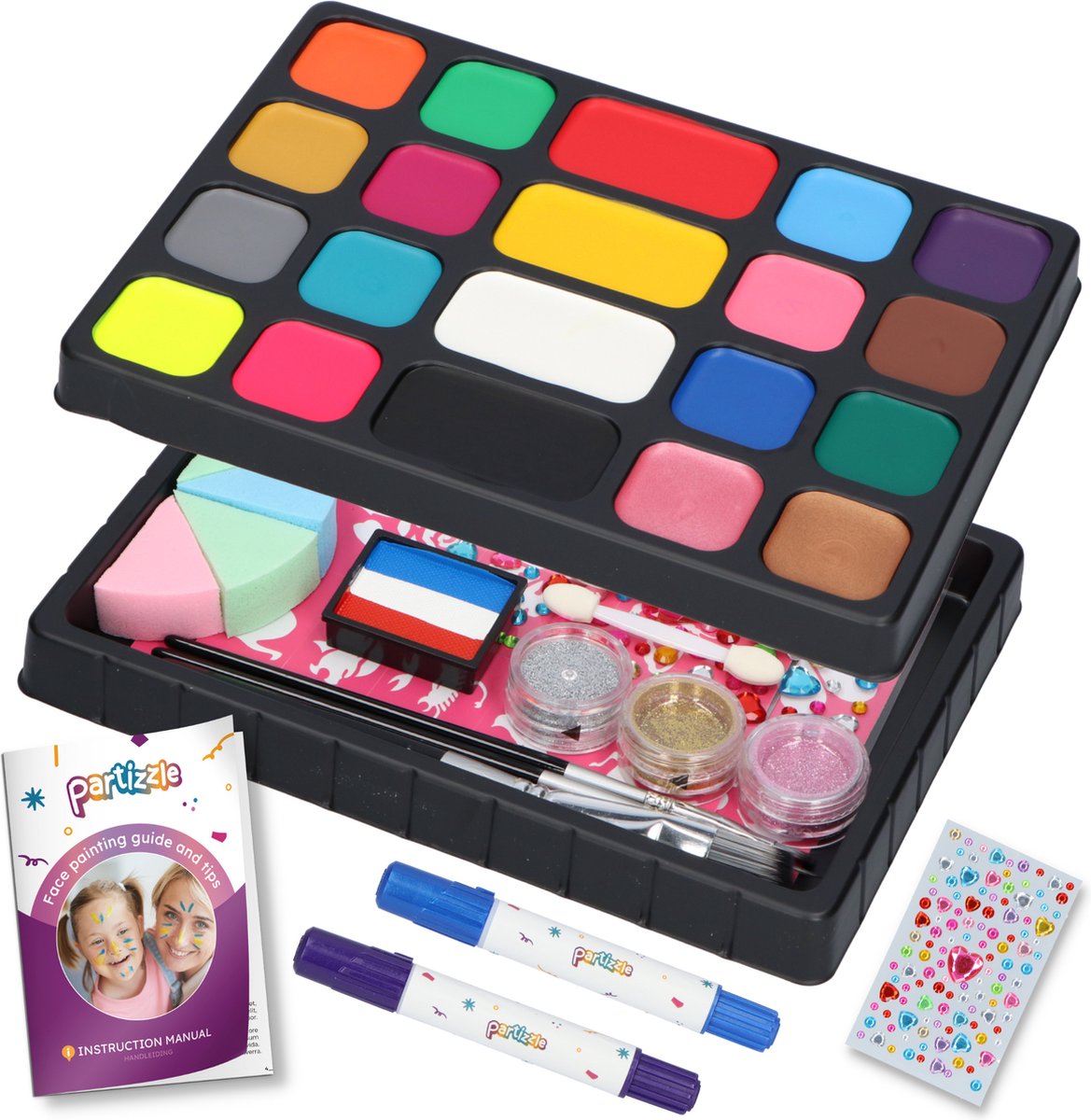 Partizzle Schminkset op Waterbasis - Schmink Boek en Sjablonen Set - Penselen, Sponsjes, Glitters & Haarkrijt - Voor Kinderen - Sinterklaas - 20 Kleuren