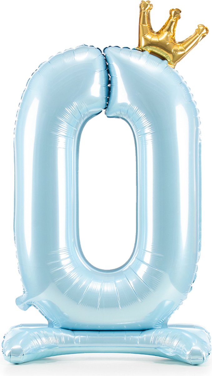 Staande folieballon Cijfer 0 Sky-Blue met kroon 84 cm