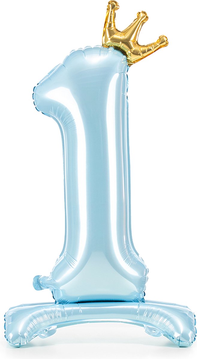 Staande folieballon Cijfer 1 Sky-Blue met kroon 84 cm