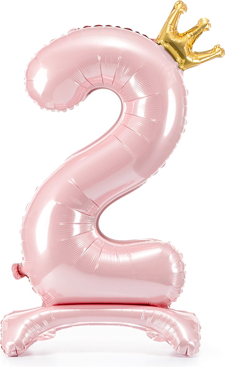 Staande folieballon Cijfer 2 Licht roze met kroon 84 cm