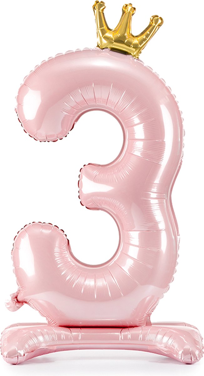 Staande folieballon Cijfer 3 Licht roze met kroon 84 cm