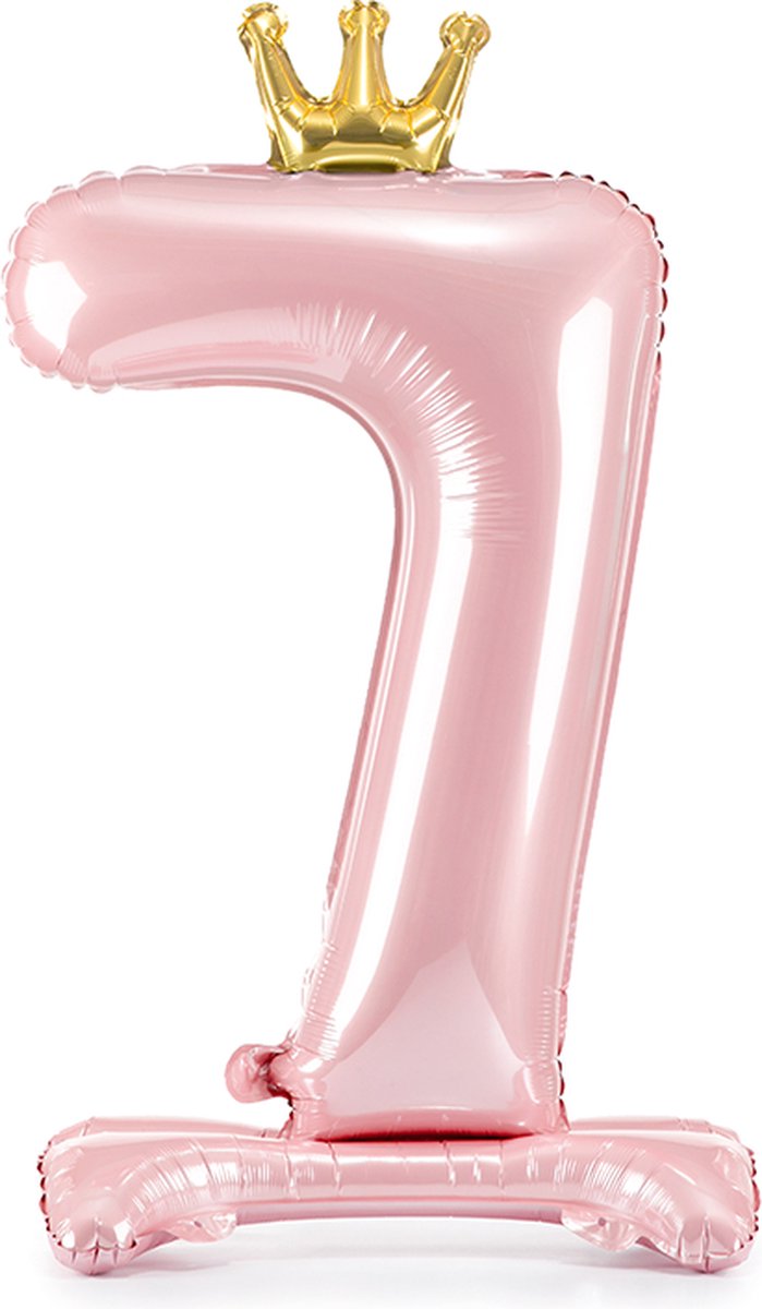 Staande folieballon Cijfer 7 Licht roze met kroon 84 cm