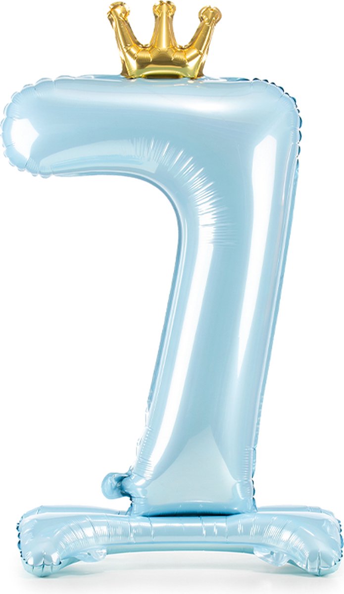 Staande folieballon Cijfer 7 Sky-Blue met kroon 84 cm