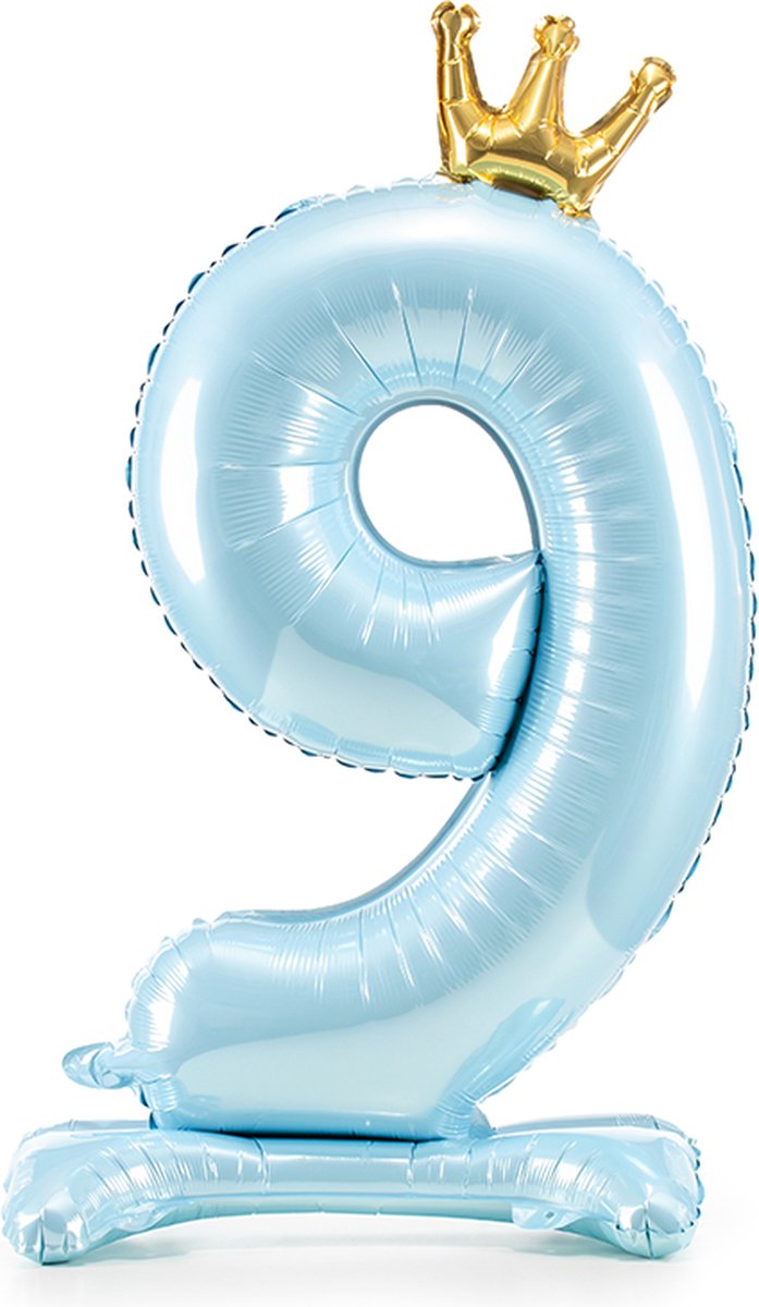 Staande folieballon Cijfer 9 Sky-Blue met kroon 84 cm