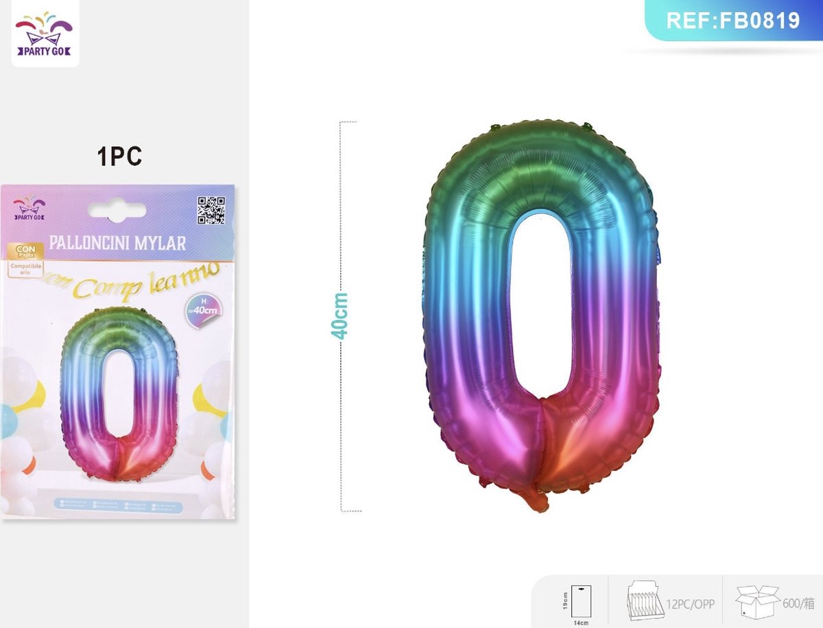 Partygo Feestartikelen Verjaardag Versiering Decoratie Ballon Cijfer 0 Leeftijd Kinderfeestjes Regenboog 40 CM