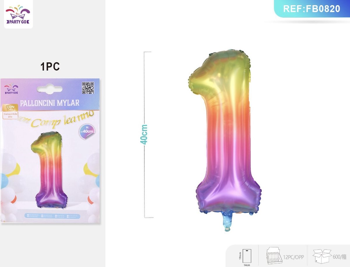 Partygo Feestartikelen Verjaardag Versiering Decoratie Ballon Cijfer 1 Leeftijd Kinderfeestjes Regenboog 40 CM