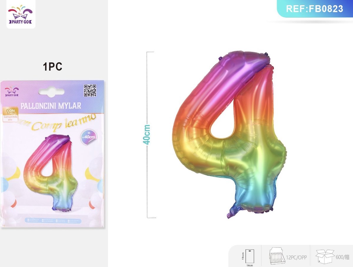 Partygo Feestartikelen Verjaardag Versiering Decoratie Ballon Cijfer 4 Leeftijd Kinderfeestjes Regenboog 40 CM