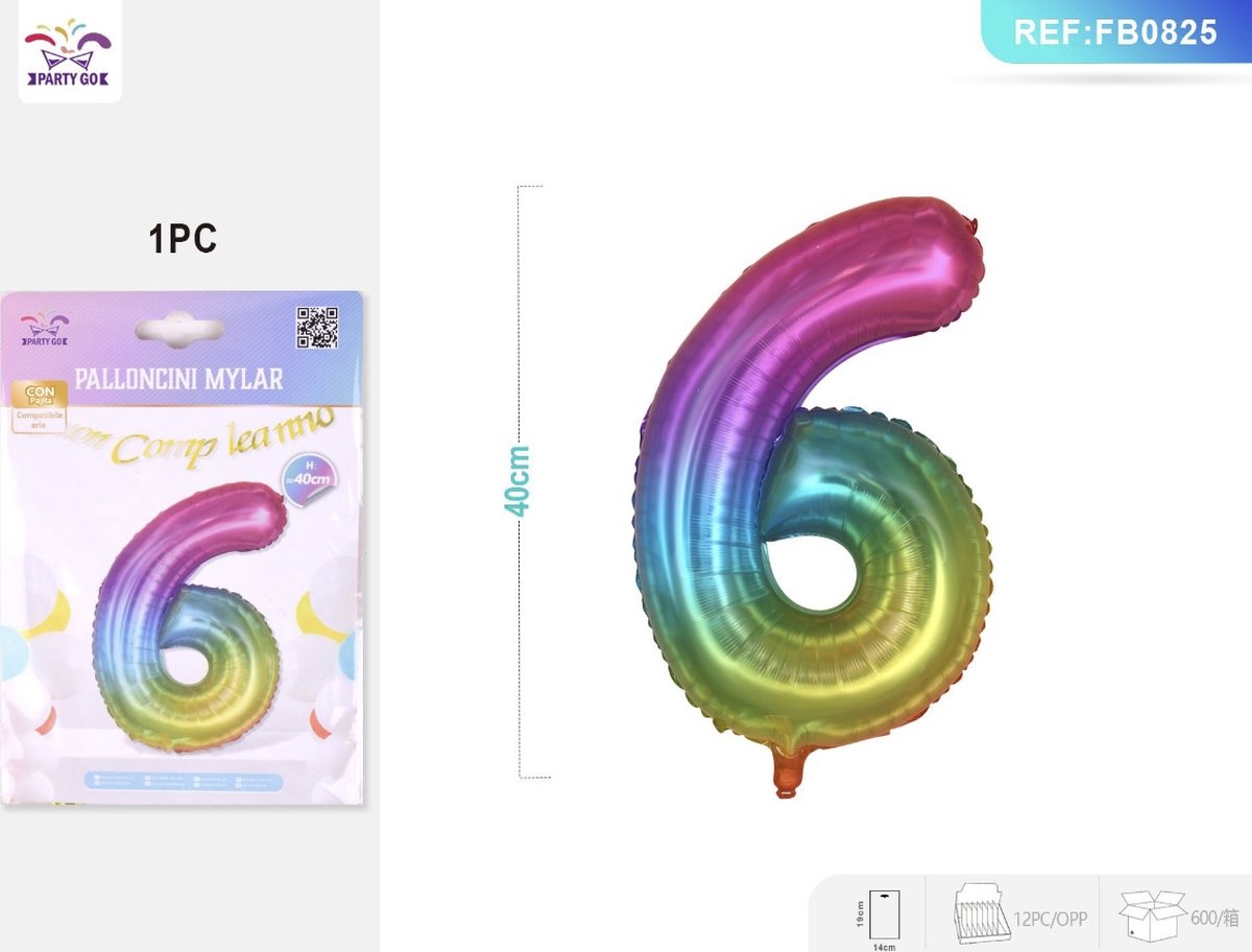 Partygo Feestartikelen Verjaardag Versiering Decoratie Ballon Cijfer 6 Leeftijd Kinderfeestjes Regenboog 40 CM