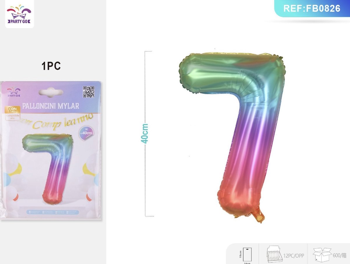 Partygo Feestartikelen Verjaardag Versiering Decoratie Ballon Cijfer 7 Leeftijd Kinderfeestjes Regenboog 40 CM