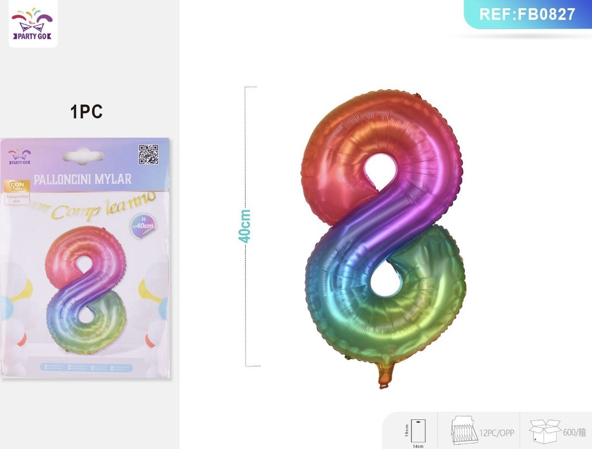 Partygo Feestartikelen Verjaardag Versiering Decoratie Ballon Cijfer 8 Leeftijd Kinderfeestjes Regenboog 40 CM