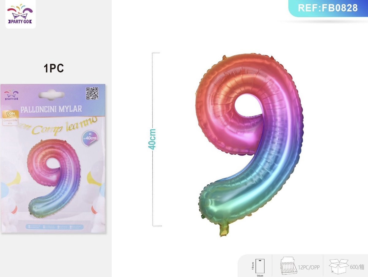 Partygo Feestartikelen Verjaardag Versiering Decoratie Ballon Cijfer 9 Leeftijd Kinderfeestjes Regenboog 40 CM