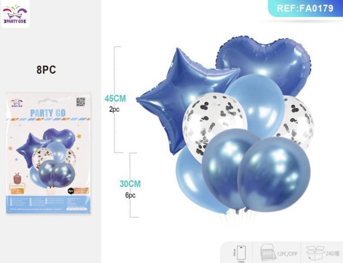 Partygo Feestartikelen Verjaardag Versiering Decoratie Ballon Feestpakket Happy Birthday verrasings Blauw+Zilver+Wit 8PC